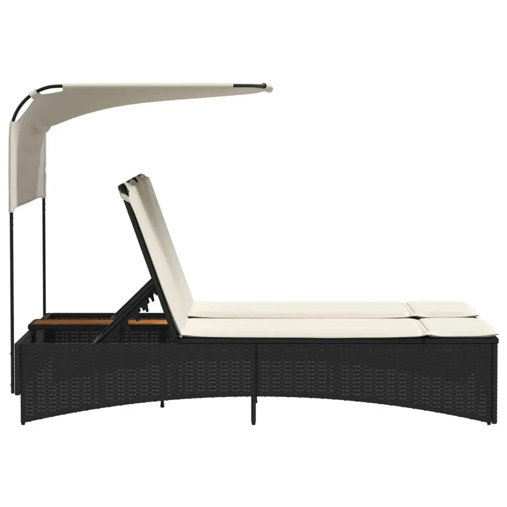 Double Sun Lounger Outdoor Garden Furniture Canopy Adjustable Backrests Black Poly Rattan
