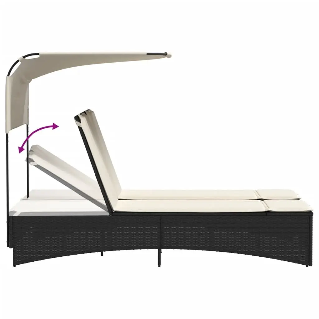 Double Sun Lounger Outdoor Garden Furniture Canopy Adjustable Backrests Black Poly Rattan