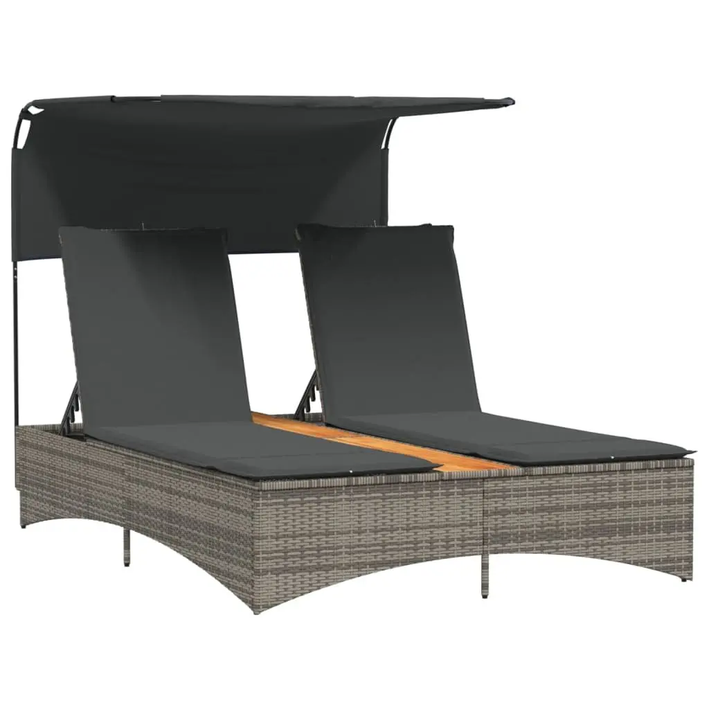 Double Sun Lounger Grey PE Rattan Adjustable Backrest Canopy Cushions