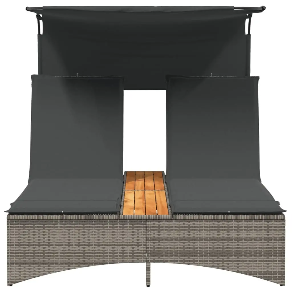Double Sun Lounger Grey PE Rattan Adjustable Backrest Canopy Cushions