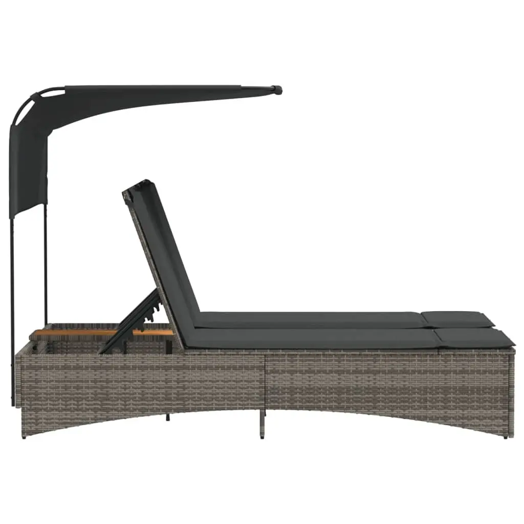 Double Sun Lounger Grey PE Rattan Adjustable Backrest Canopy Cushions