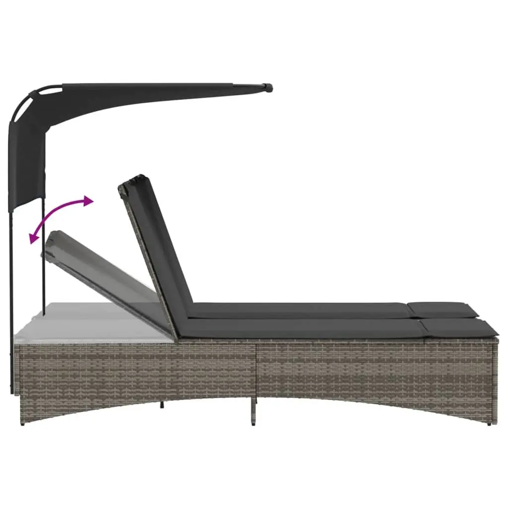 Double Sun Lounger Grey PE Rattan Adjustable Backrest Canopy Cushions
