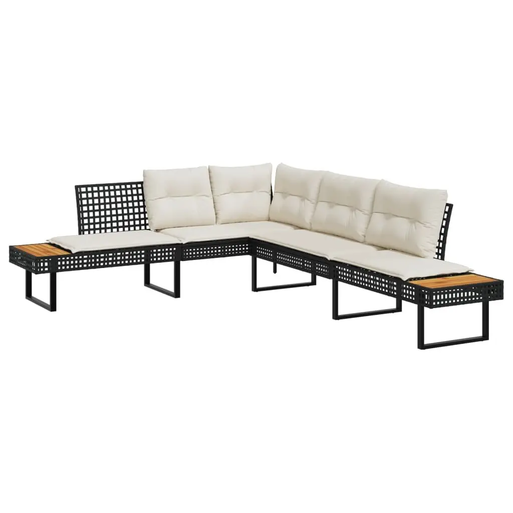 L-Shaped Garden Sofa Black Poly Rattan with Cushions and Side Tables