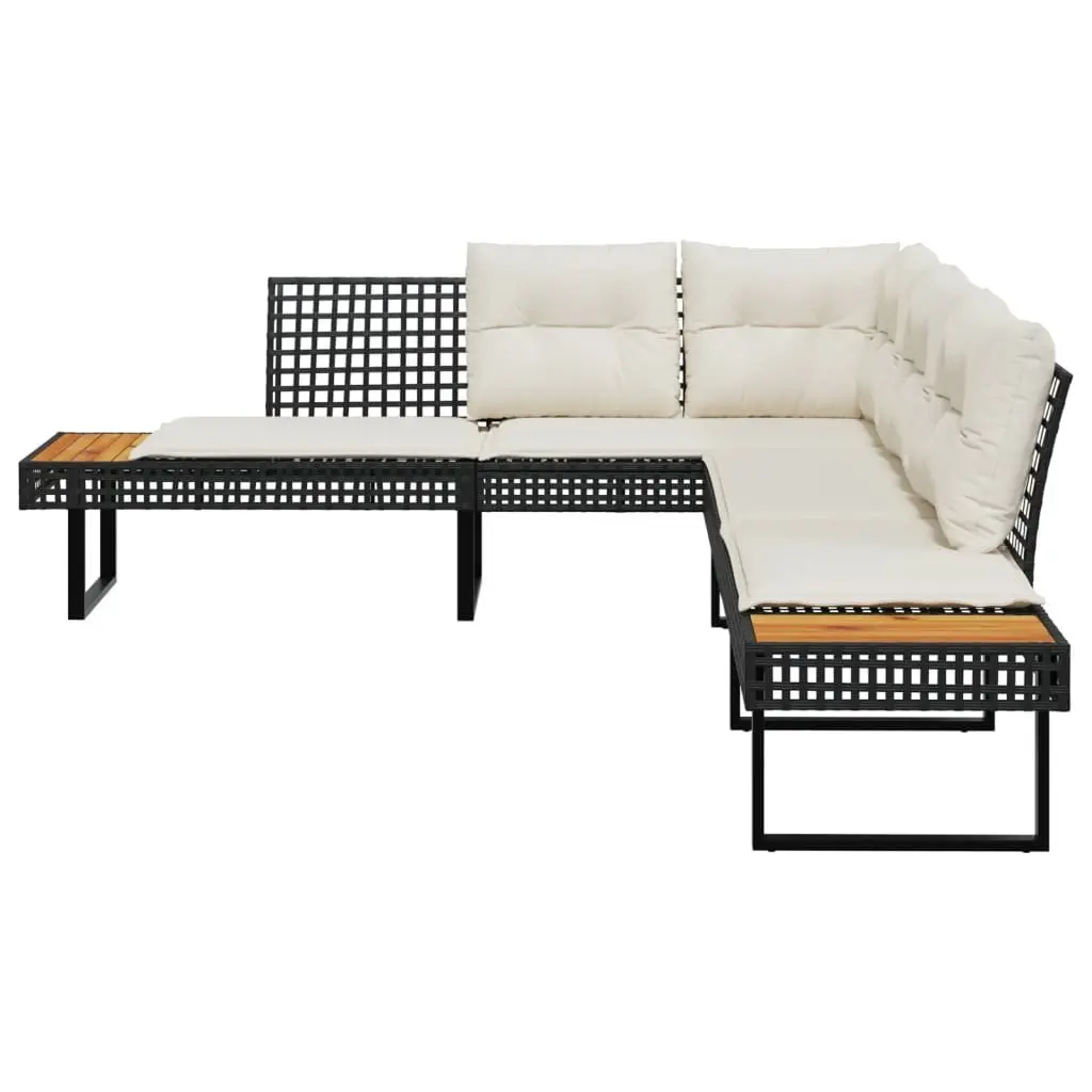 L-Shaped Garden Sofa Black Poly Rattan with Cushions and Side Tables
