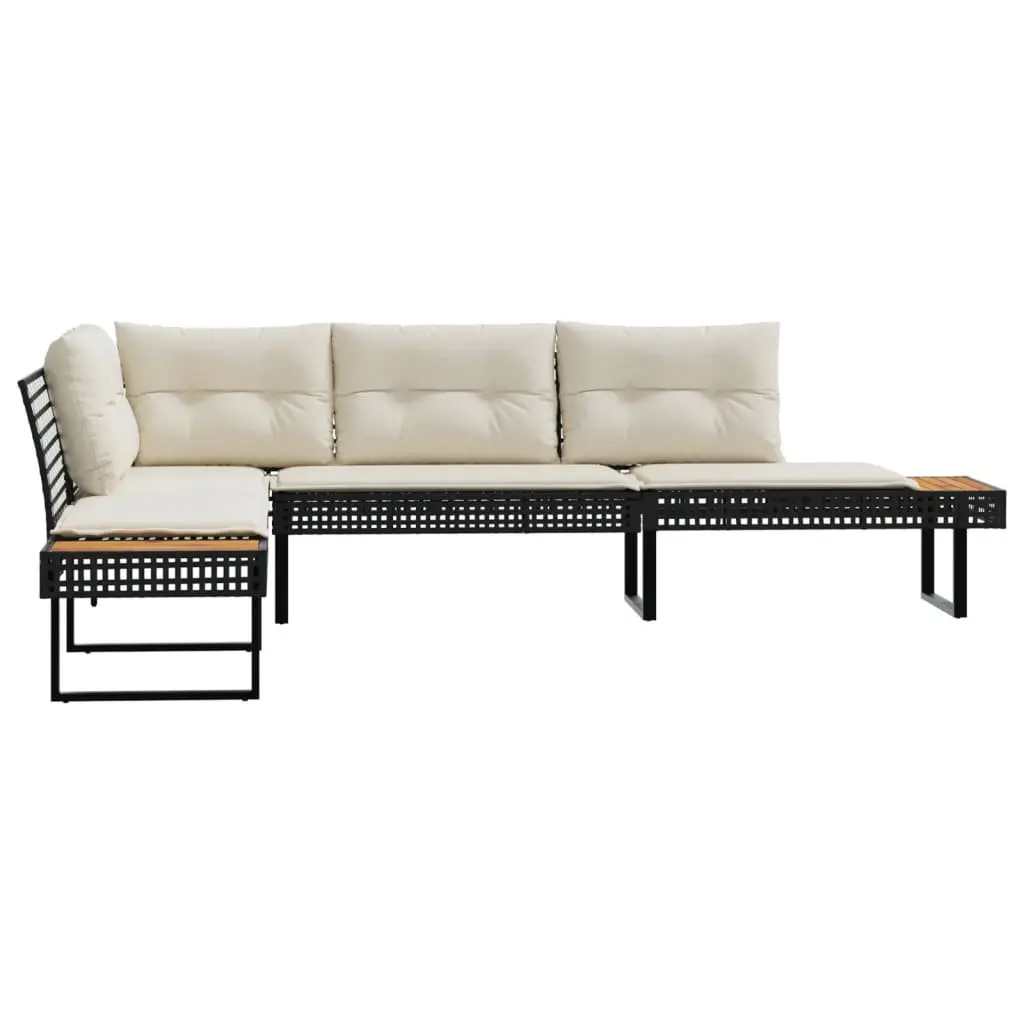 L-Shaped Garden Sofa Black Poly Rattan with Cushions and Side Tables