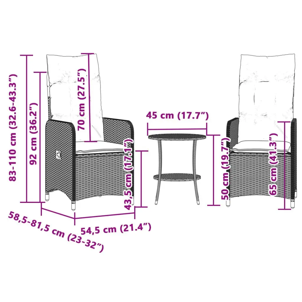 Reclining Garden Chairs Set 2 pcs Grey PE Poly Rattan with Adjustable Backrest and Side Table