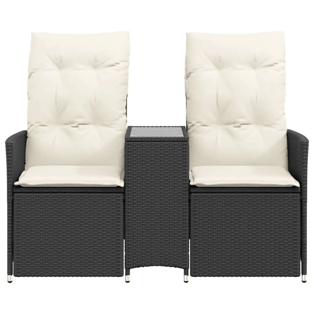 Reclining Garden Sofa 2-Seater with Integrated Table Black PE Rattan Adjustable Backrest Padded Cushions