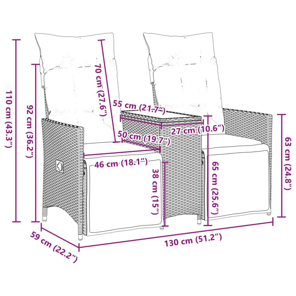 Reclining Garden Sofa 2-Seater Grey with Central Table Adjustable Backrest and Footrest Thickly Padded Cushions