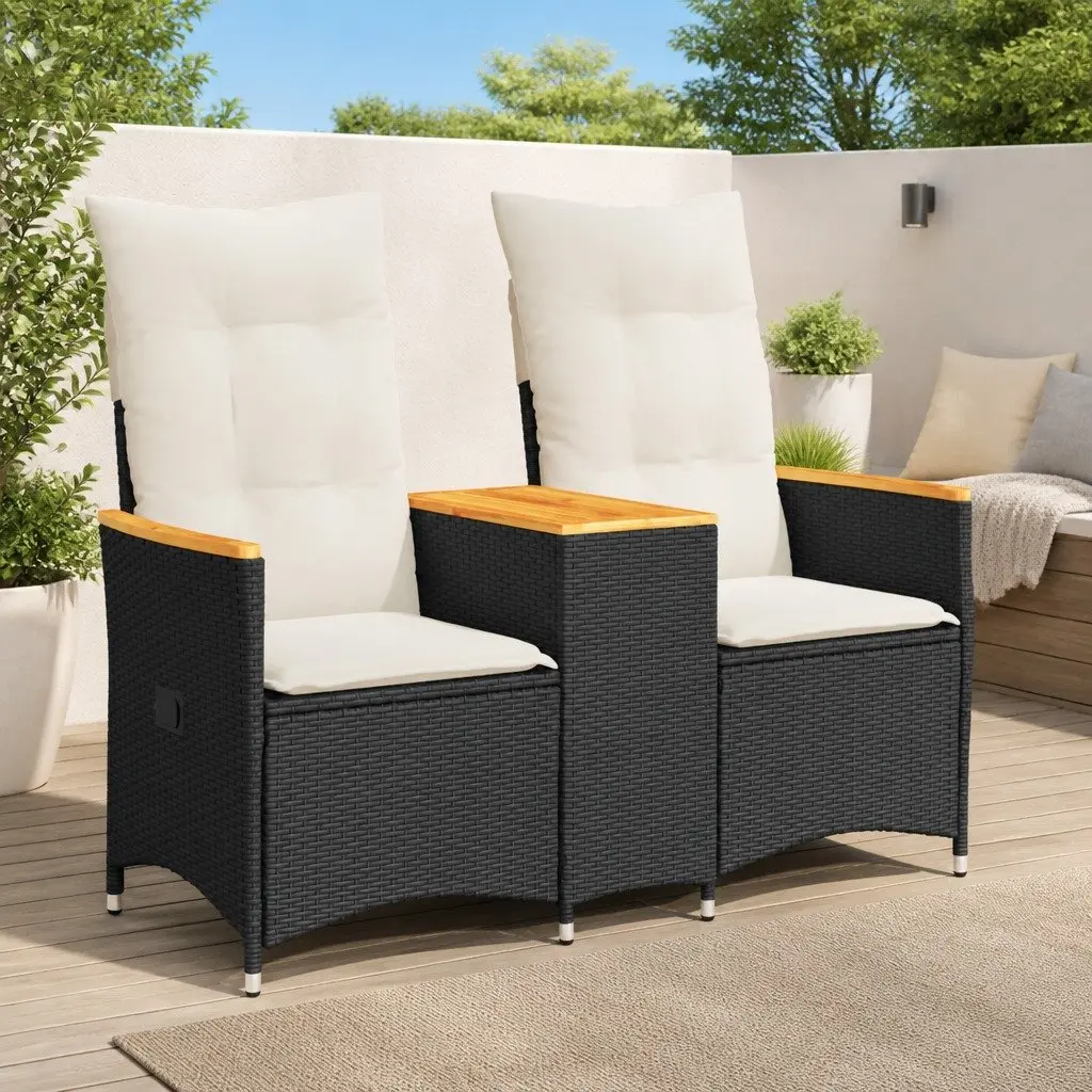 Reclining Garden Sofa 2-Seater with Central Table Adjustable Backrest Black Poly Rattan Outdoor