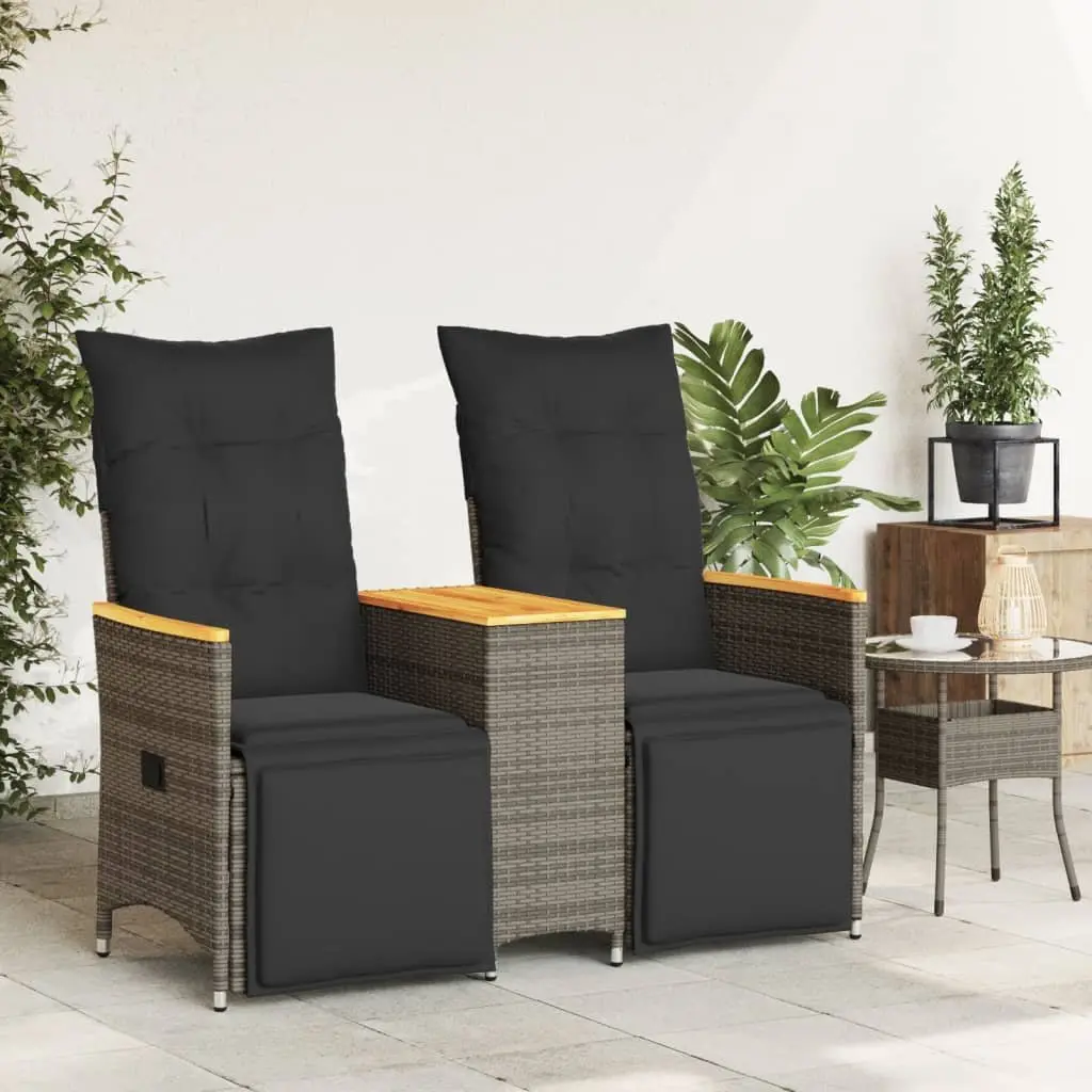 Reclining Garden Sofa 2-Seater Grey Poly Rattan Outdoor with Central Table