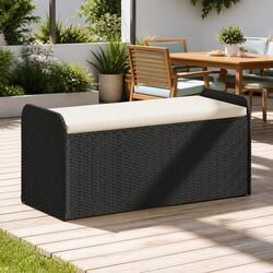 Outdoor Storage Bench with Cushion Black Poly Rattan Garden Seating Furniture