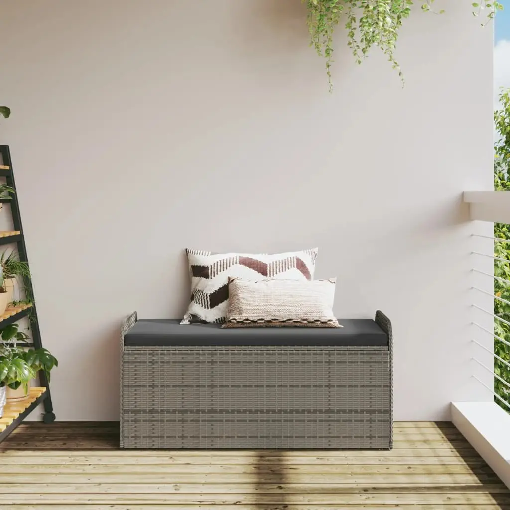 Outdoor Storage Bench with Cushion Grey Poly Rattan Garden Seat 115x51x52cm