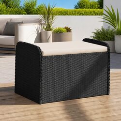 Outdoor Storage Bench with Cushion Black Garden Seating Poly Rattan Furniture