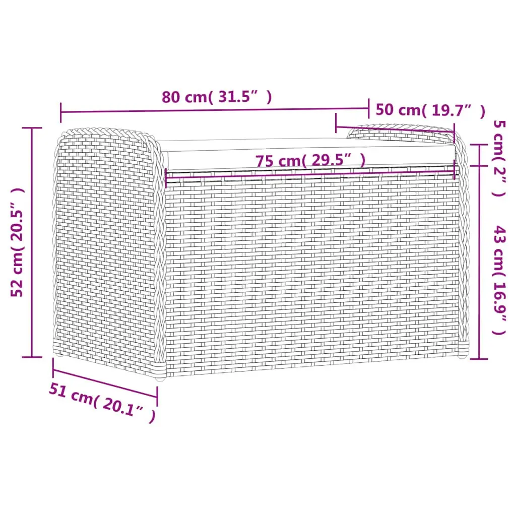 Outdoor Storage Bench 80 x 51 x 52 cm PE Poly Rattan with Cushion and Water-Resistant Storage Compartment