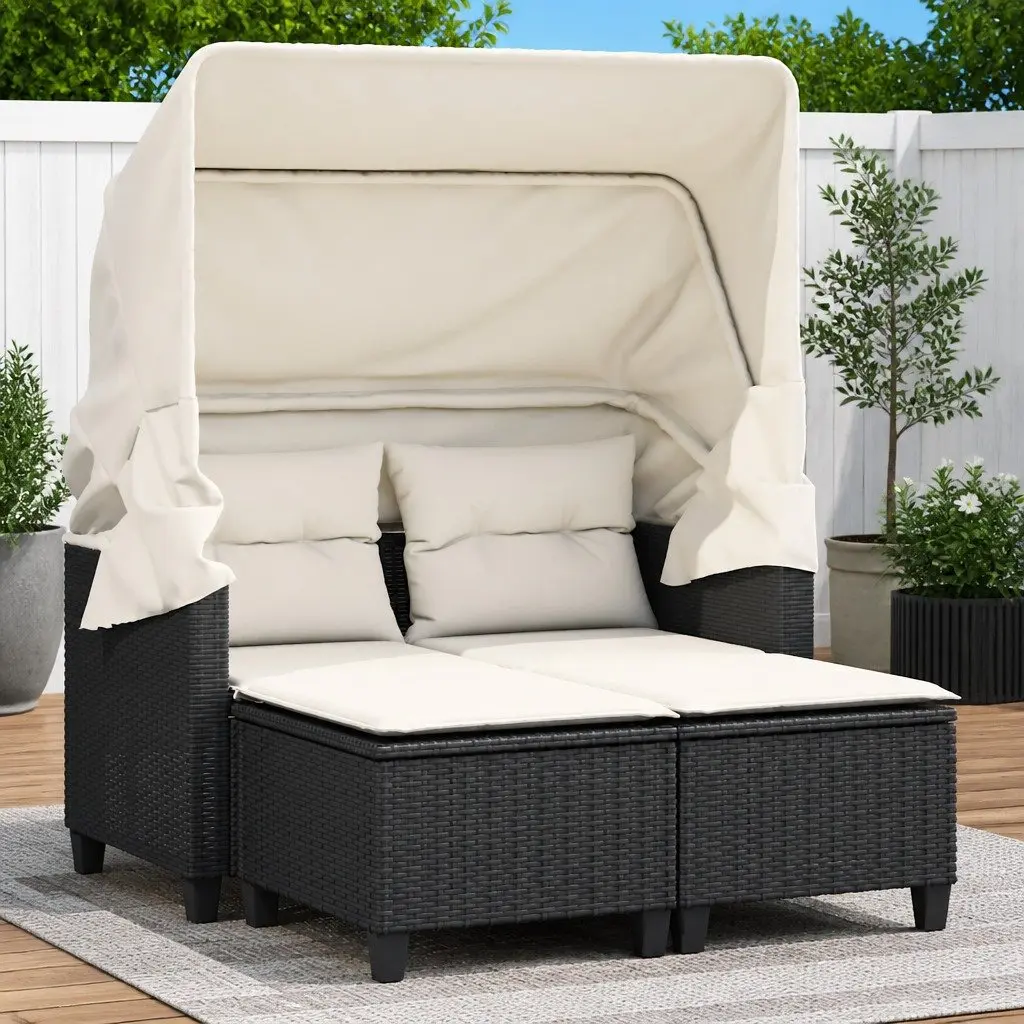 Outdoor Garden Sofa 2-Seater with Retractable Canopy and Stools Black Poly Rattan