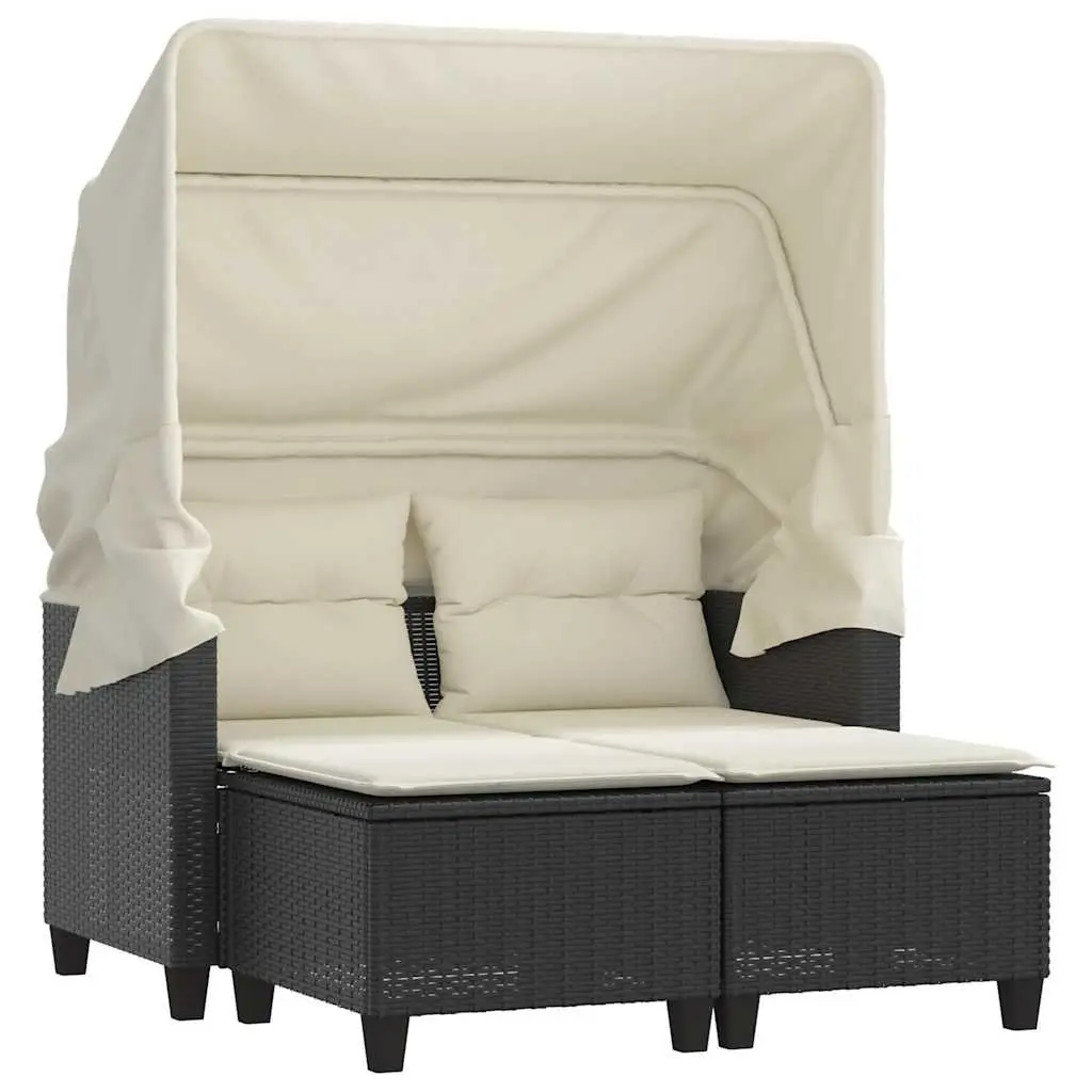 Outdoor Garden Sofa 2-Seater with Retractable Canopy and Stools Black Poly Rattan