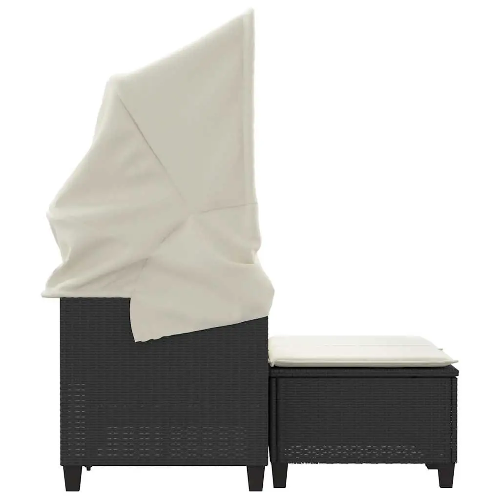 Outdoor Garden Sofa 2-Seater with Retractable Canopy and Stools Black Poly Rattan