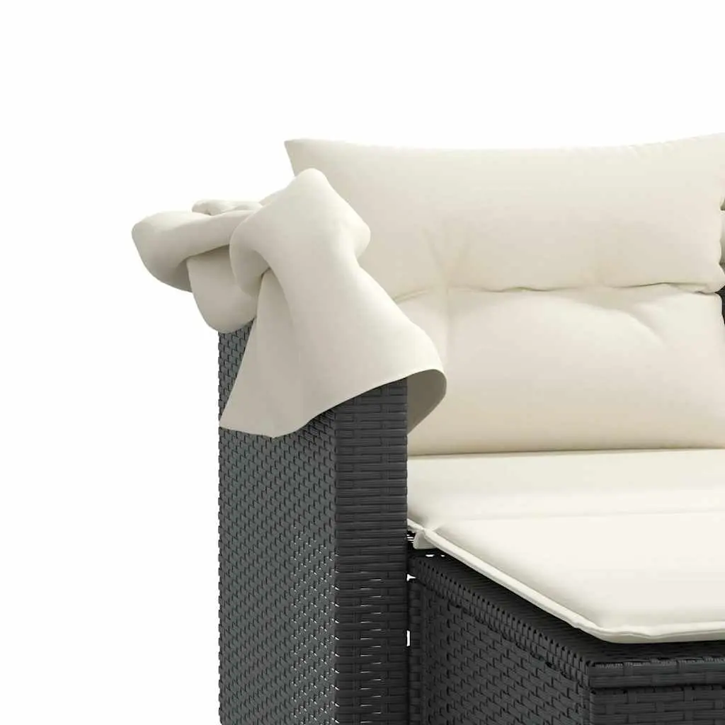 Outdoor Garden Sofa 2-Seater with Retractable Canopy and Stools Black Poly Rattan