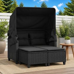Outdoor Garden Sofa 2-Seater with Retractable Canopy and Stools Black Poly