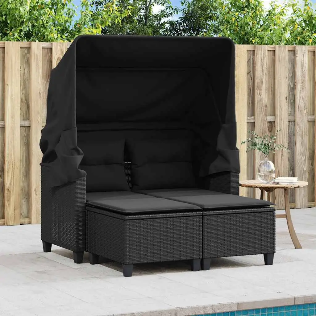 Outdoor Lounge Set 2-Seater Poly Rattan with Canopy and Stools Black