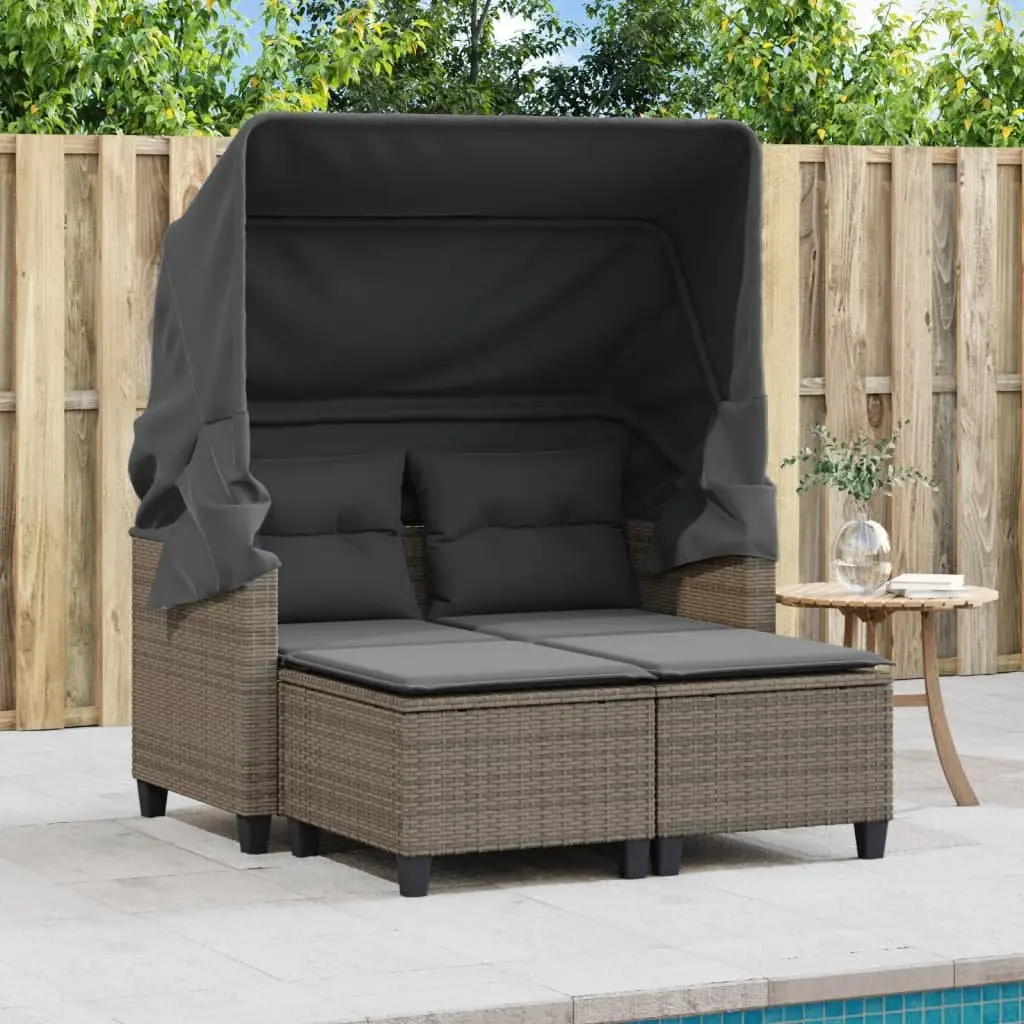 Garden Sofa 2-Seater Outdoor with Retractable Canopy and Stools Grey Rattan