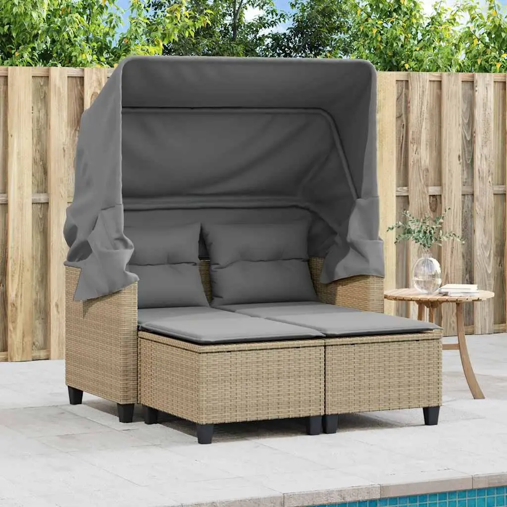 Outdoor Garden 2-Seater Sofa with Retractable Canopy and Stools Beige Poly Rattan