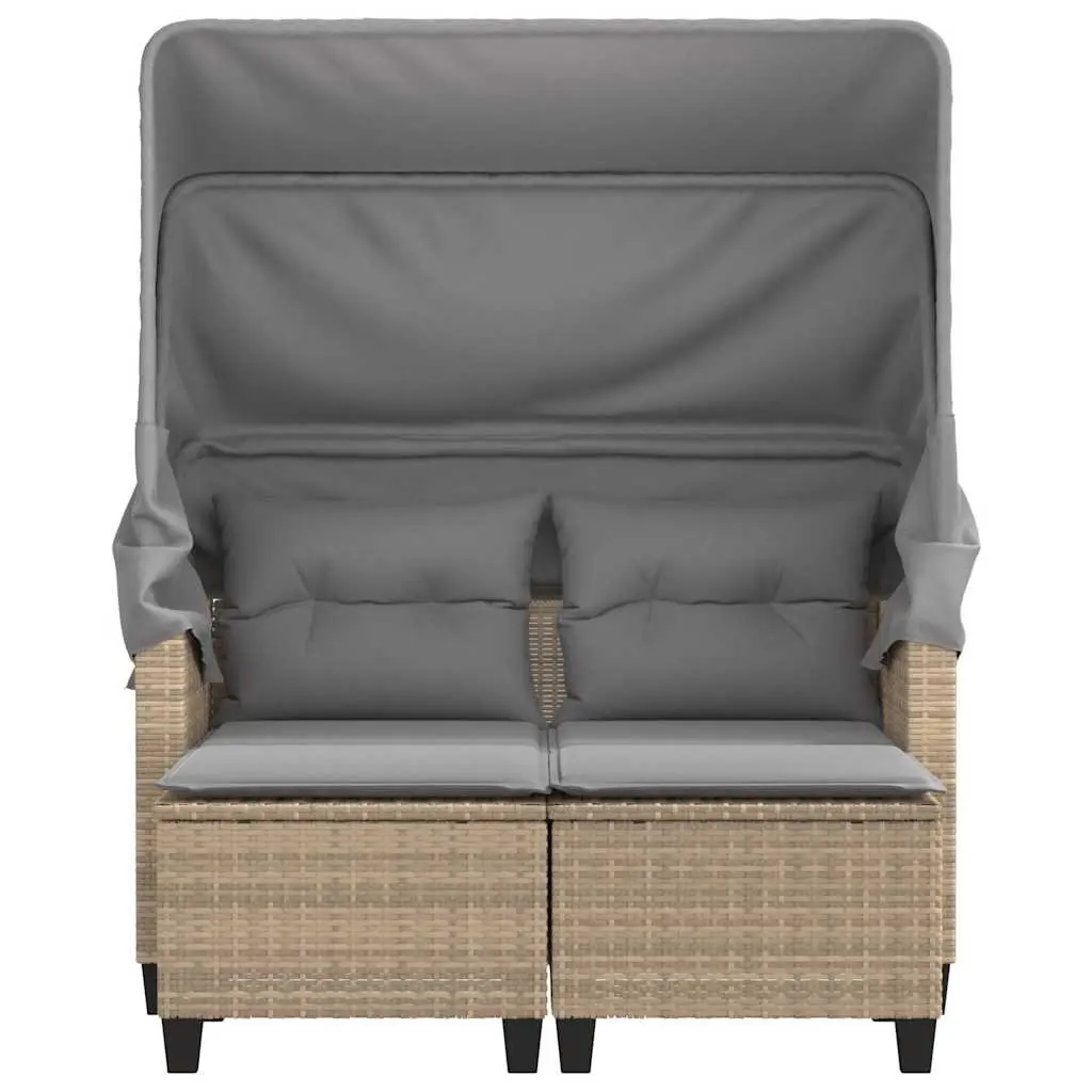 Outdoor Garden 2-Seater Sofa with Retractable Canopy and Stools Beige Poly Rattan