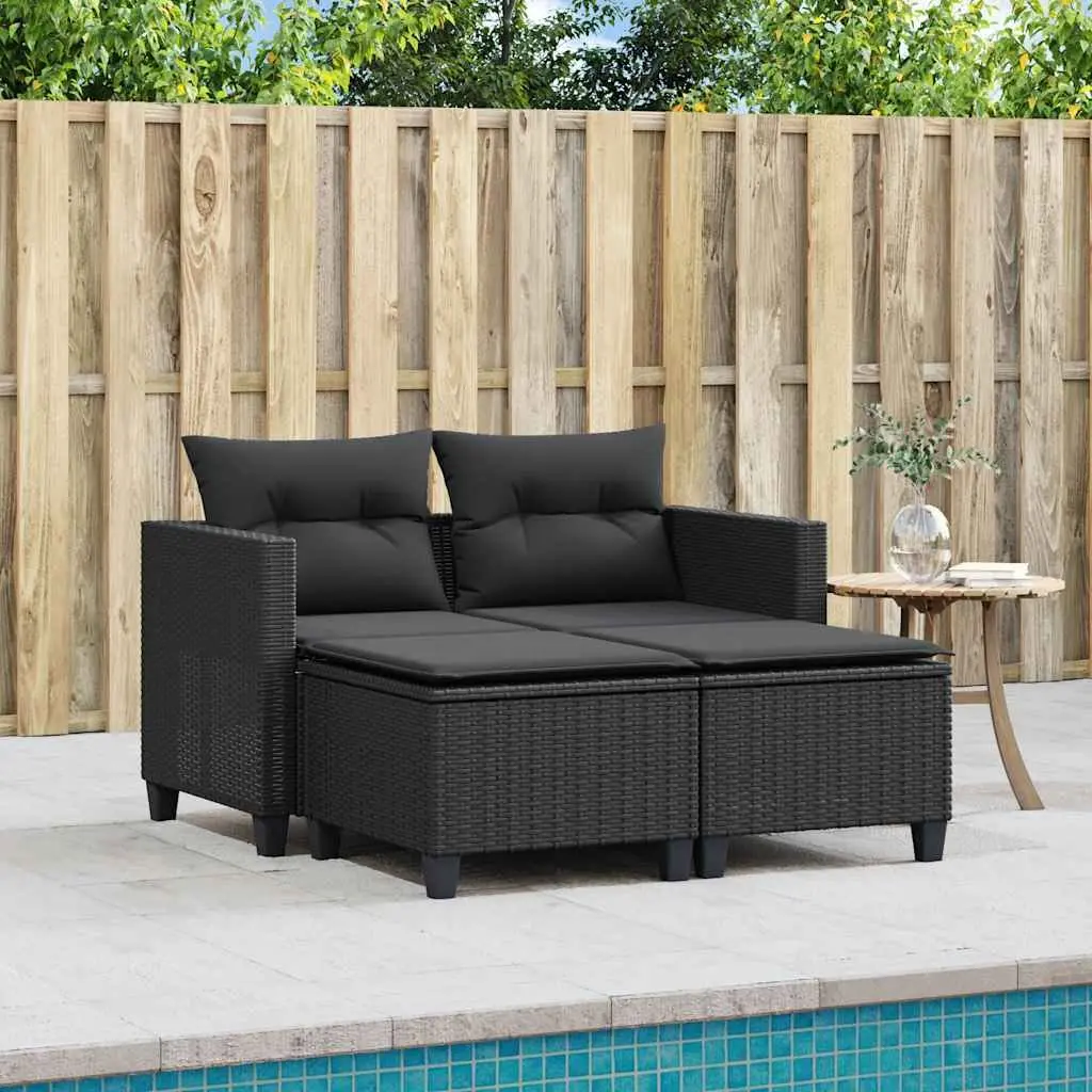 Garden Sofa 2-Seater Black PE Rattan Outdoor Lounge with Stools