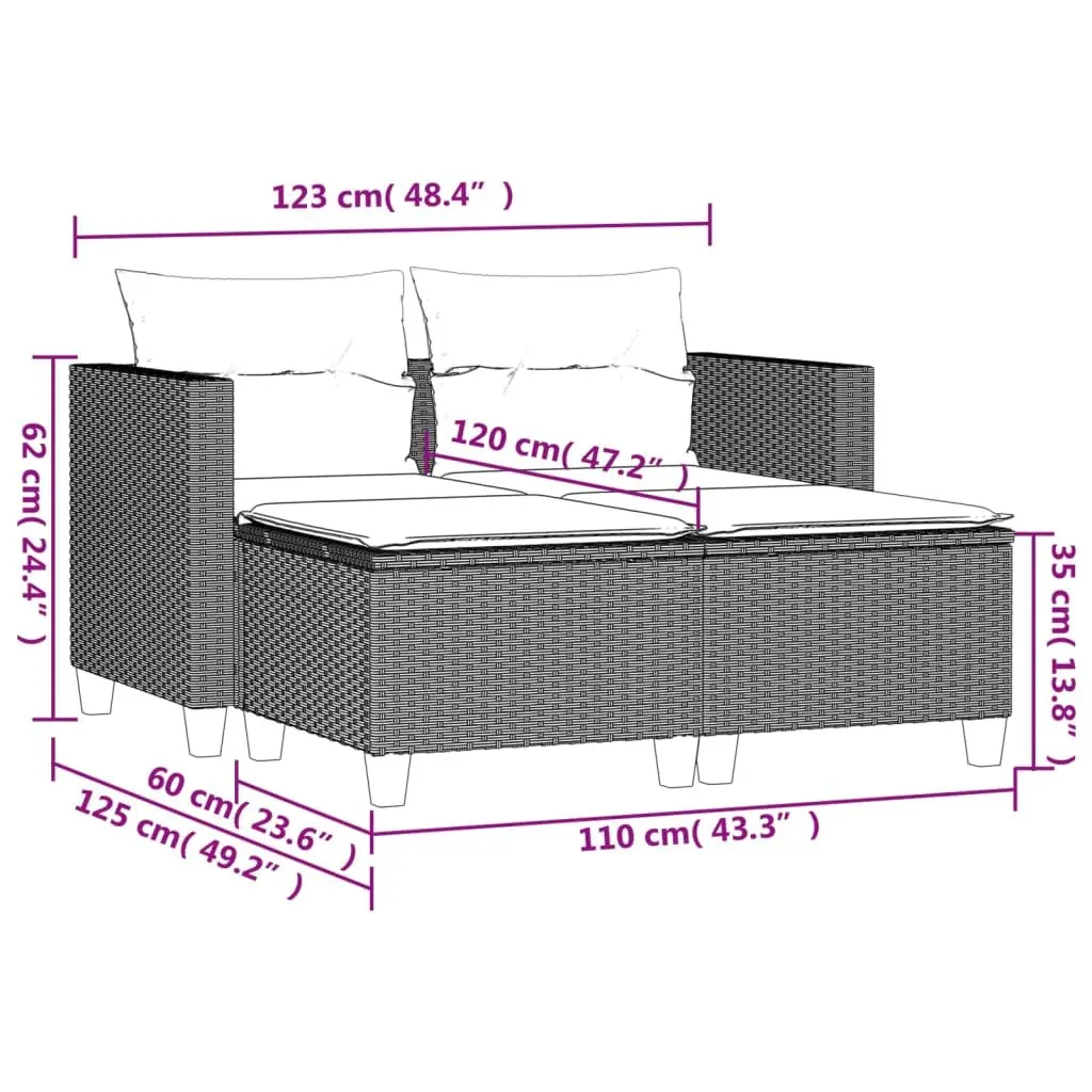 Grey Poly Rattan 2-Seater Outdoor Sofa Set with Cushions and Stools for Garden and Patio