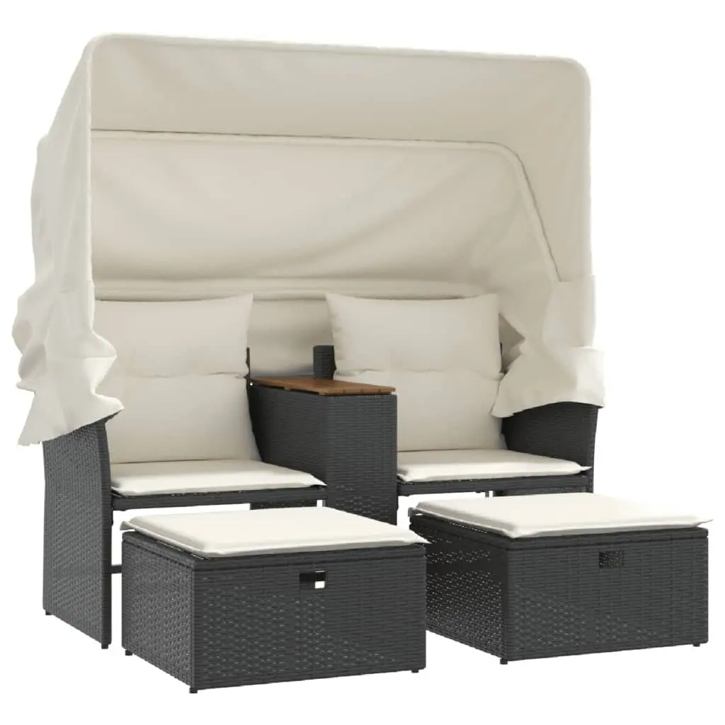 Garden Sofa 2-Seater Black Poly Rattan with Retractable Canopy and Stools