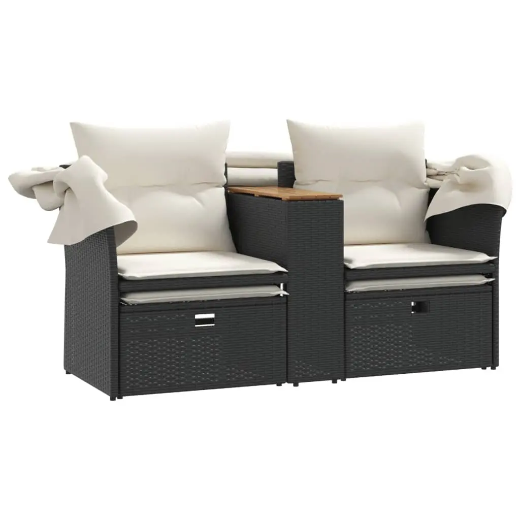 Garden Sofa 2-Seater Black Poly Rattan with Retractable Canopy and Stools