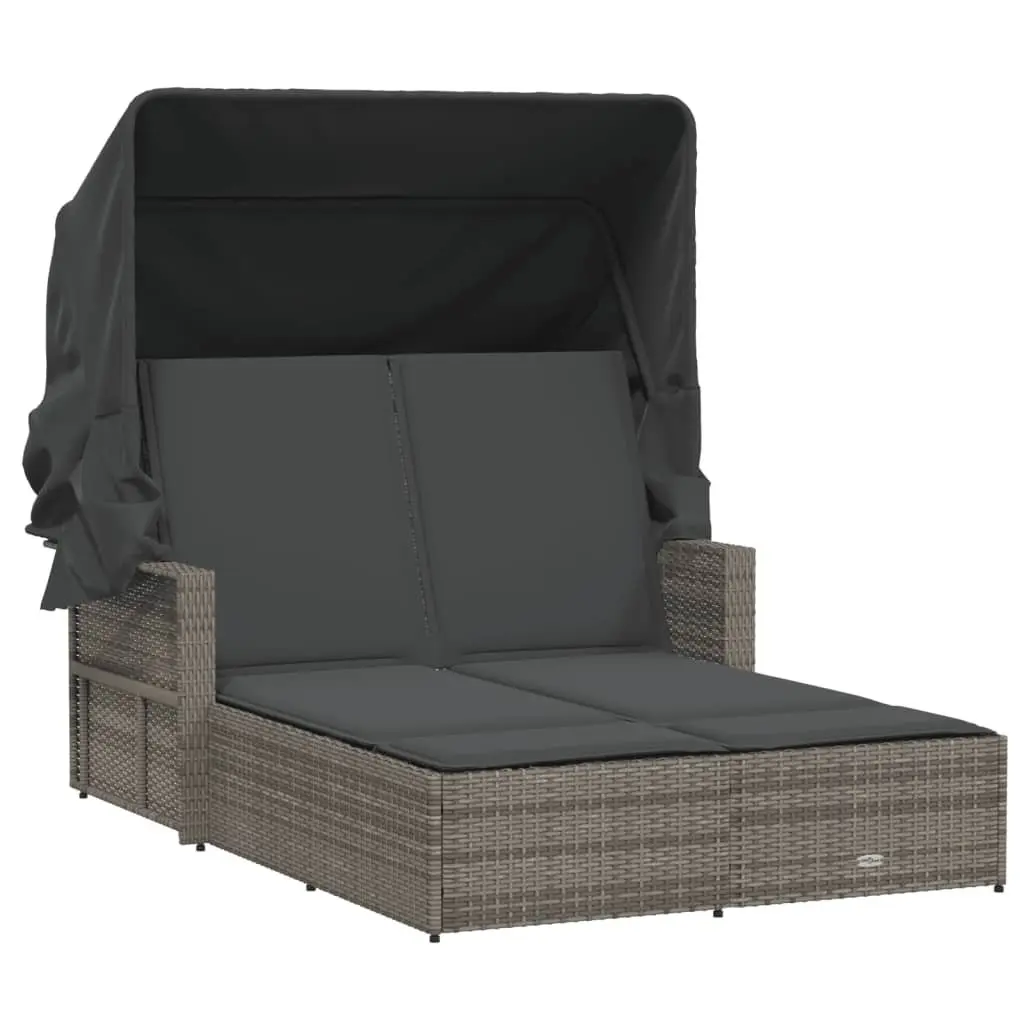 Double Sun Lounger Grey with Retractable Canopy Adjustable Backrest and Thick Cushions