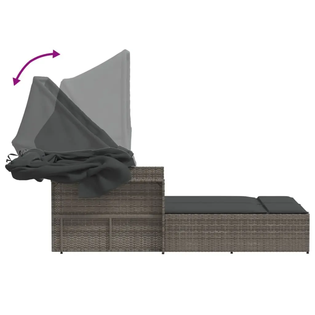 Double Sun Lounger Grey with Retractable Canopy Adjustable Backrest and Thick Cushions