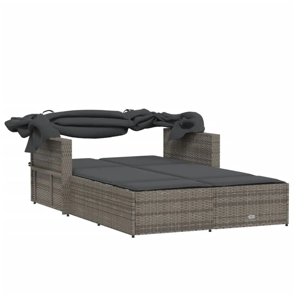 Double Sun Lounger Grey with Retractable Canopy Adjustable Backrest and Thick Cushions