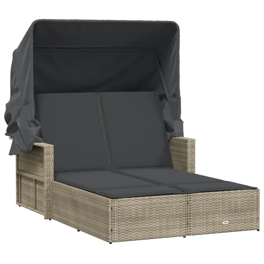Double Sun Lounger Grey Adjustable Backrest Retractable Canopy Cushions