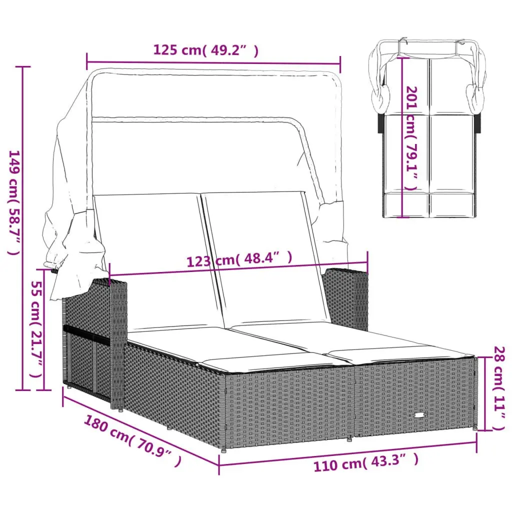 Double Sun Lounger Grey Adjustable Backrest Retractable Canopy Cushions