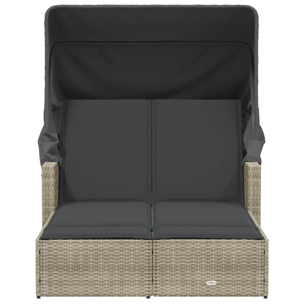 Double Sun Lounger Grey Adjustable Backrest Retractable Canopy Cushions