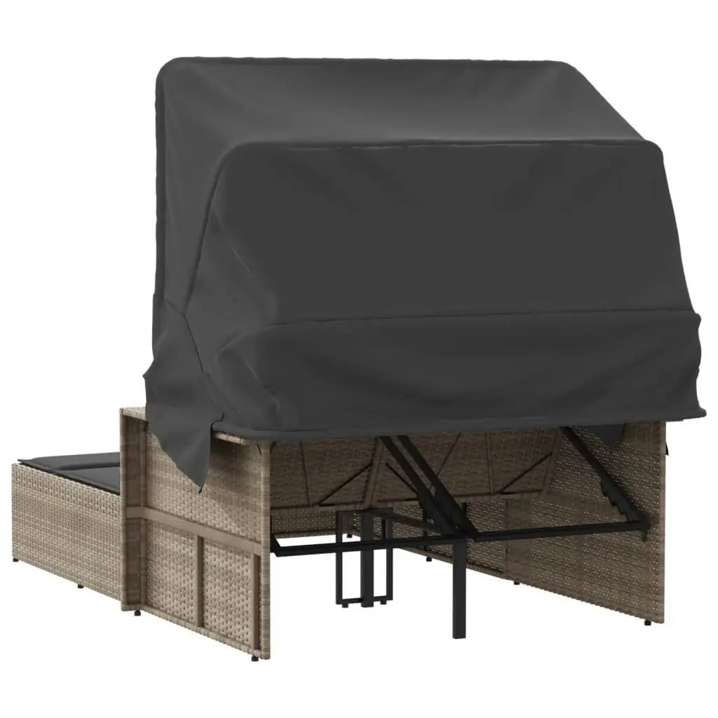 Double Sun Lounger Grey Adjustable Backrest Retractable Canopy Cushions