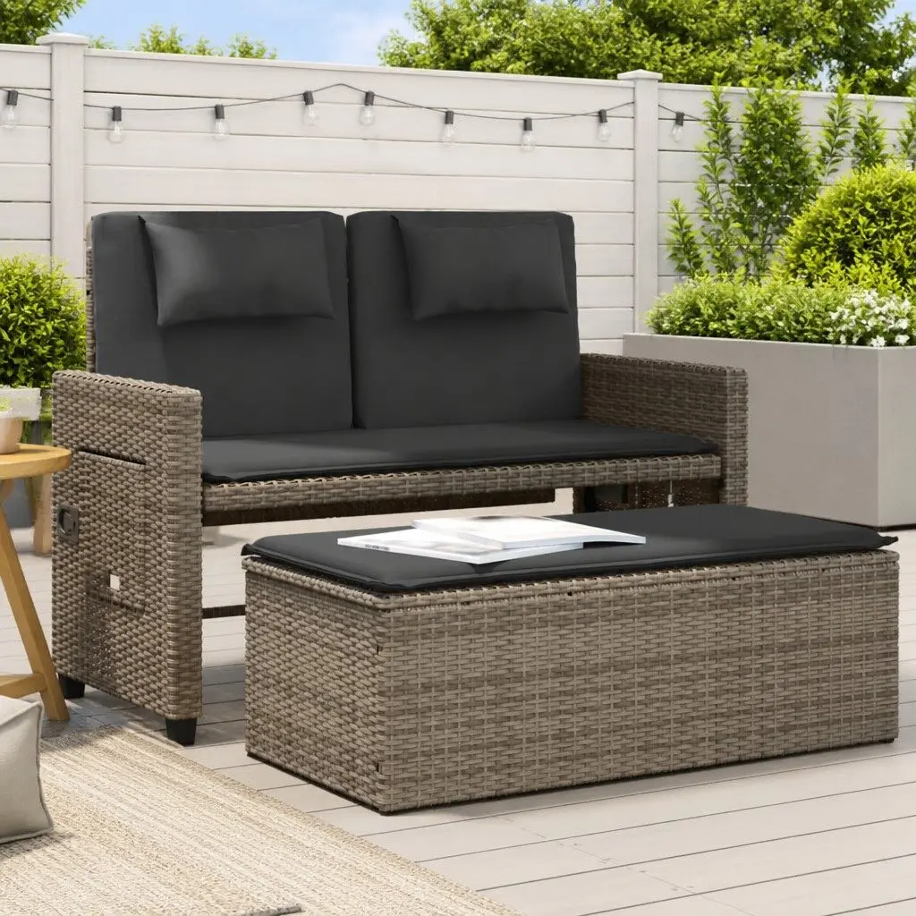 Reclining Garden Bench Grey 2-in-1 Outdoor Loveseat Sofa Bed with Adjustable Backrest and Foldable Side Tables