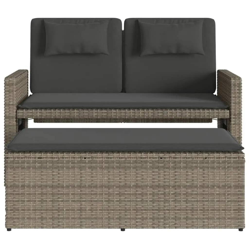 Reclining Garden Bench Grey 2-in-1 Outdoor Loveseat Sofa Bed with Adjustable Backrest and Foldable Side Tables