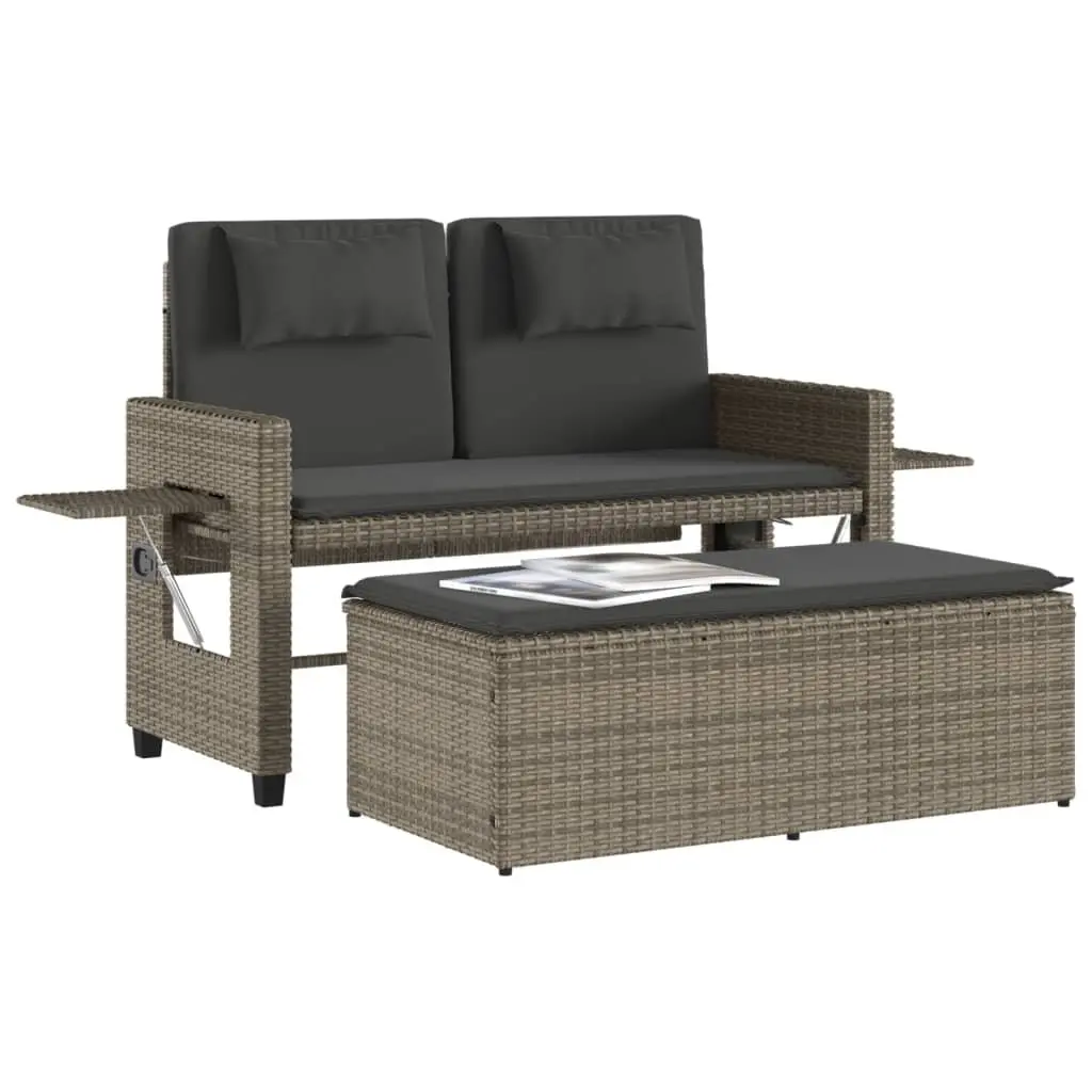Reclining Garden Bench Grey 2-in-1 Outdoor Loveseat Sofa Bed with Adjustable Backrest and Foldable Side Tables