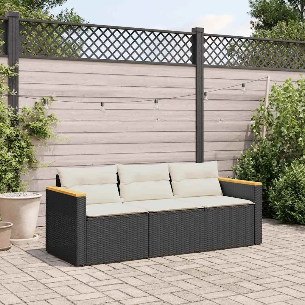 3-Seater Garden Sofa Black PE Rattan Frame with Thick Cushions