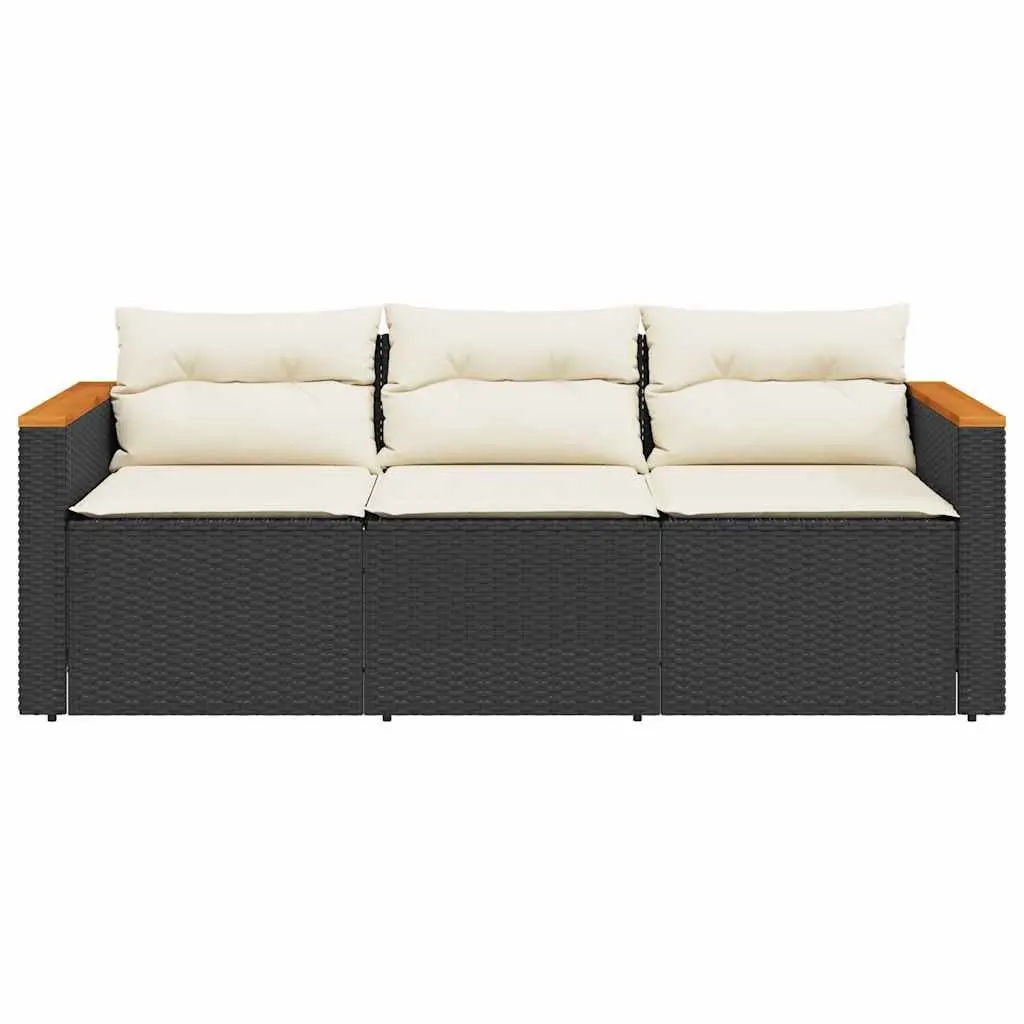 3-Seater Garden Sofa Black PE Rattan Frame with Thick Cushions