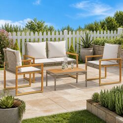 4 Piece Garden Lounge Set Beige Poly Rattan Outdoor Furniture Patio Sofa Chair