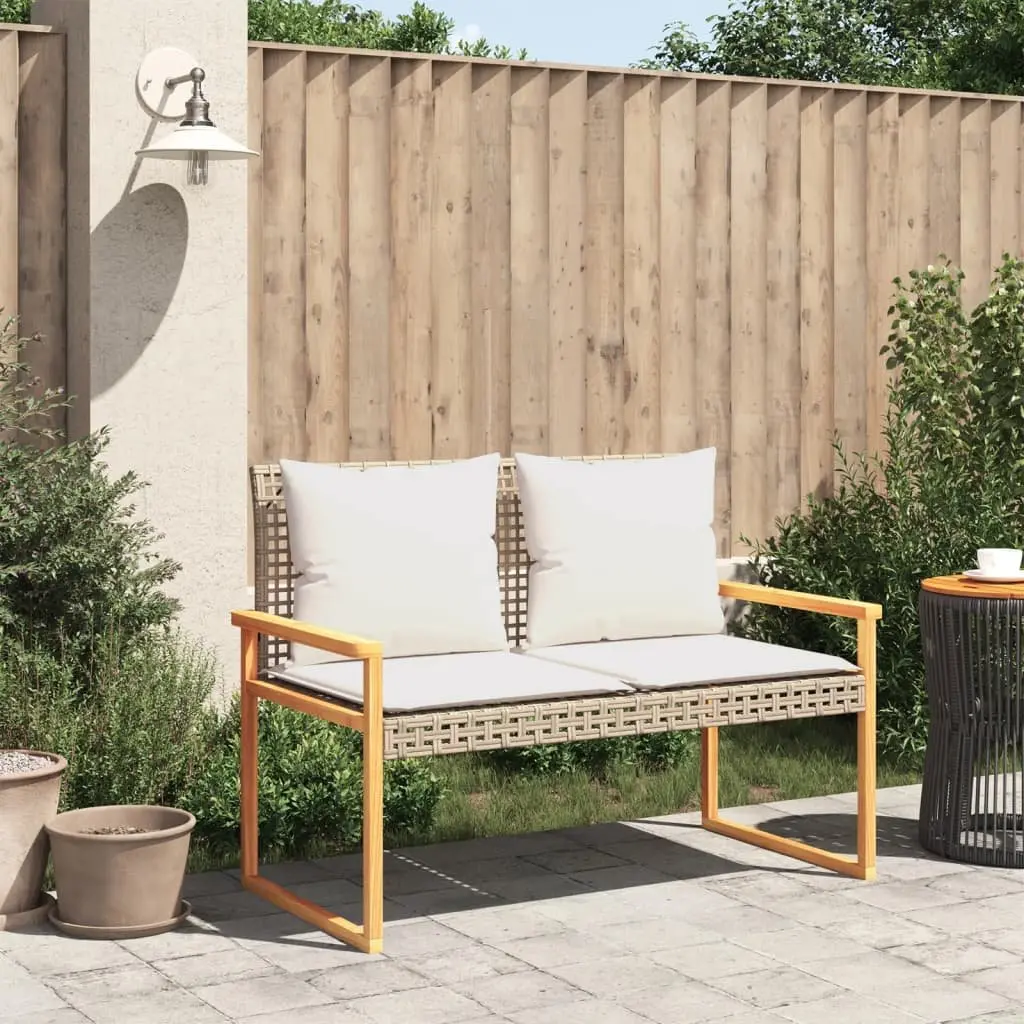 Outdoor Garden Bench Poly Rattan Acacia Wood Frame Beige Cushion Seat