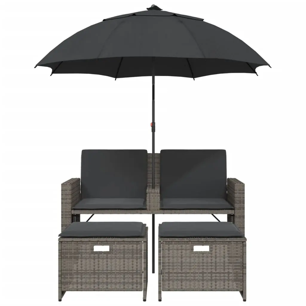 Garden Sofa 2-Seater Grey with Parasol and Footstools Weather-Resistant PE Rattan Construction