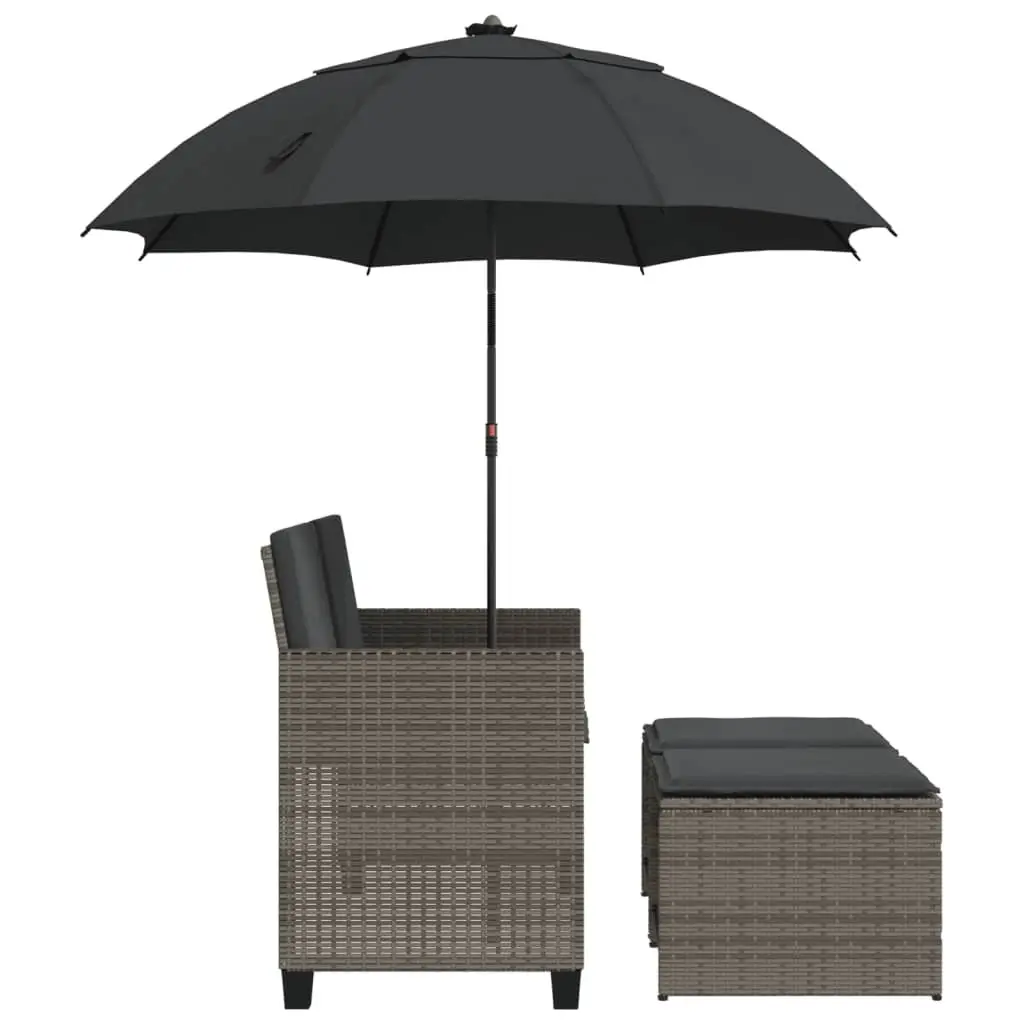 Garden Sofa 2-Seater Grey with Parasol and Footstools Weather-Resistant PE Rattan Construction