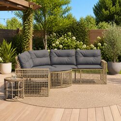 L-Shaped Garden Sofa with Cushions and Footstool Outdoor Patio Seating Beige