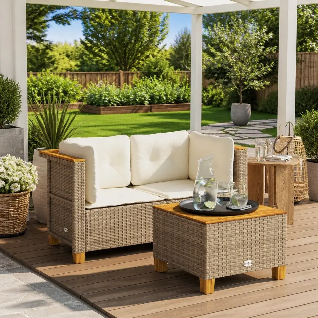 Outdoor Garden Sofa Corner Set 2 Piece Beige Poly Rattan with Thick Cushions