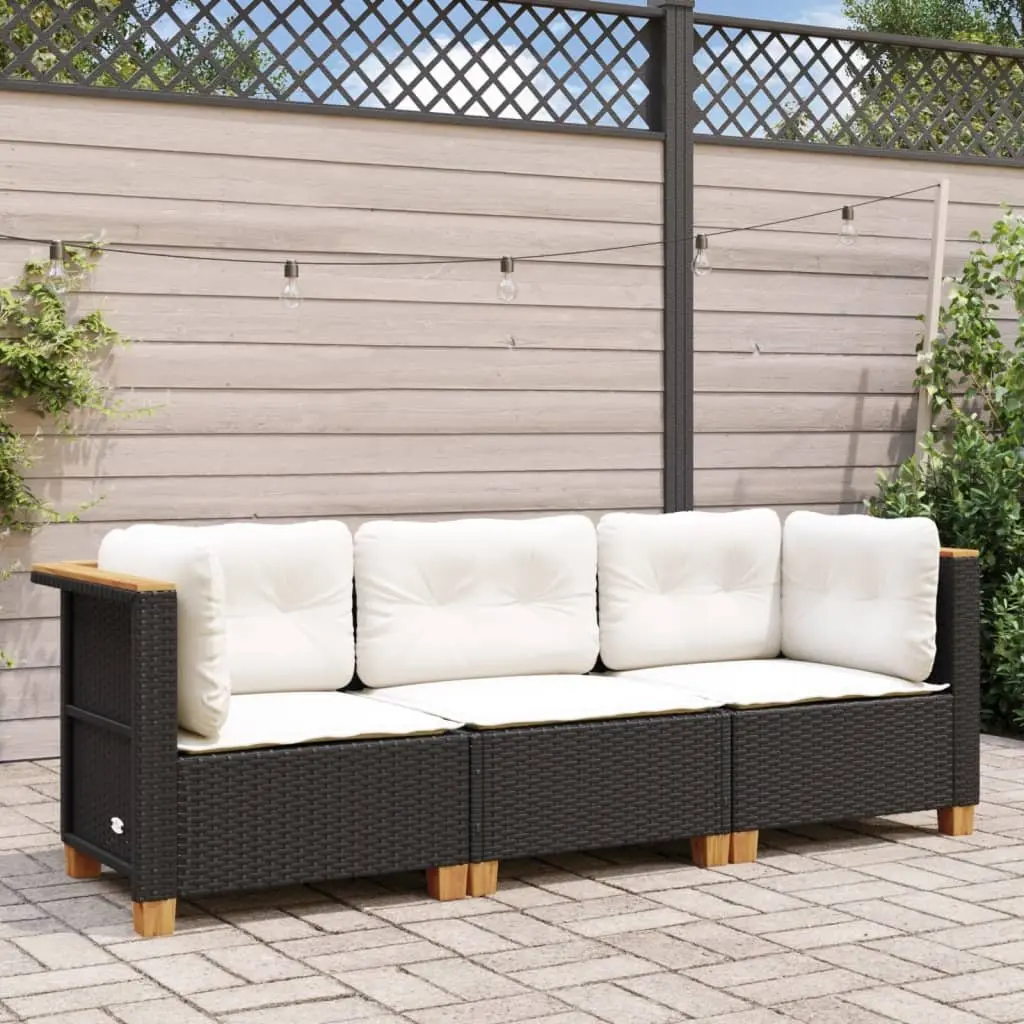 3-Seater Garden Sofa Black Poly Rattan Modular Lounge with Cushions